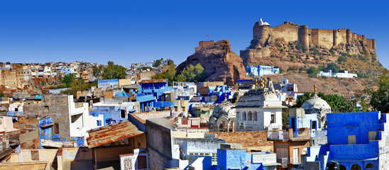 Blue city of Rajastan - Jodhpur, India. Panorama vith fort