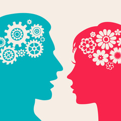 Two silhouettes - man with gears, woman with flowers