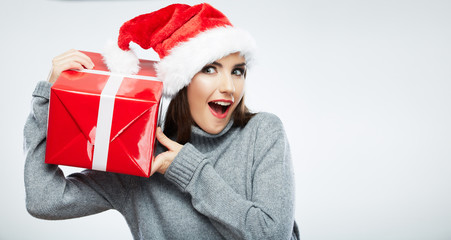 Christmas isolated woman portrait hold christmas gift.