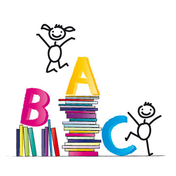 homeschooling, back to school - ABC - Fröhliche Kinder lesen Bücher in der Schule, Bibliothek, Freude am Lernen, Strichfiguren, Strichmännchen, vektor, isoliert