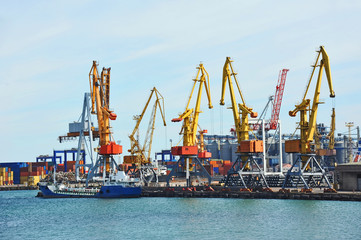 Bunker ship (fuel replenishment tanker) under port crane