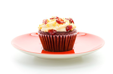Red cupcake velvet isolated white background