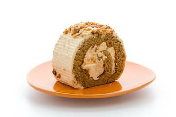 Roll coffee cake isolated on white background