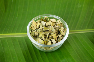dry artificial on banana green leaf
