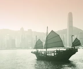 Fotobehang Sailing Victoria Harbor in Hong Kong © Aania