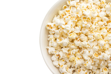 Bowl of popcorn isolated on white background  Top view
