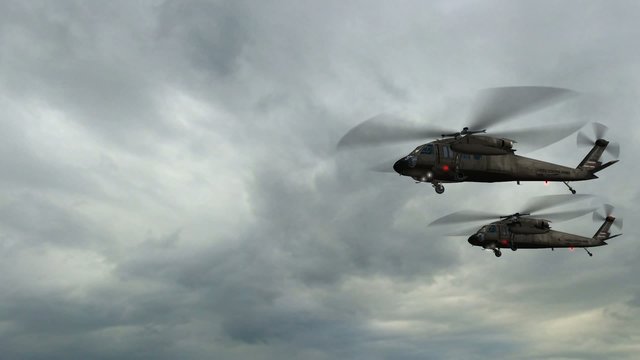 Black Hawk Helicopter fly in storm clouds with lithning