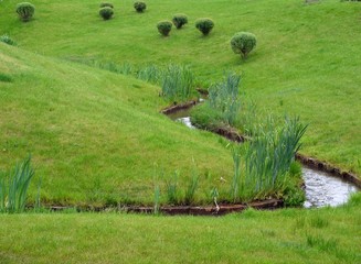 Little brook flowing between grass banks and bushes