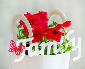Family decoration word and red flowers