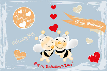 Cute bees in love - retro card