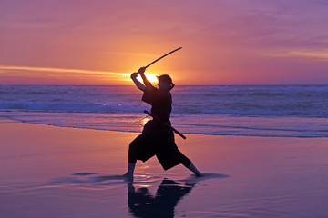 Young samurai women with Japanese sword(Katana) at sunset on the