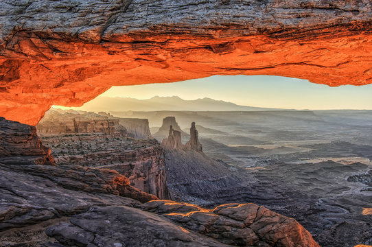 Canyon at sunrise. Mesa arch at sunrise in Canyonlands, Utah
