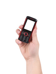 Mobile push-button telephone in hand.