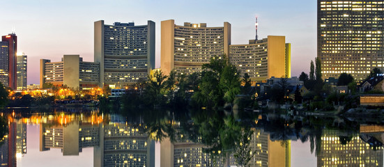 Skyline Uno City Vienna at the Kaiserwasser at night