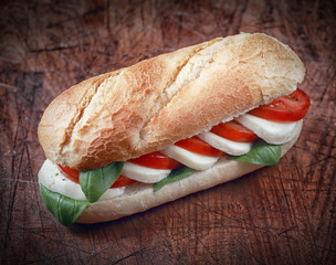 Mozzarella cheese with tomato on a baguette