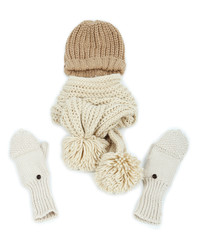 Winter cap, scarf and mittens, isolated on white