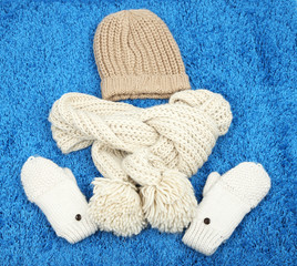 Winter cap, scarf and mittens, on color background