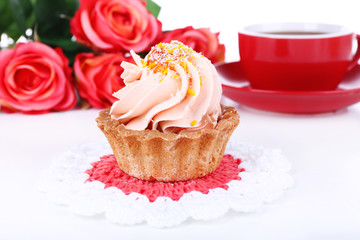 Tasty cake on table close-up