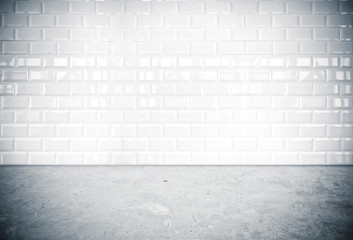 Room perspective,white ceramic tile wall and cement ground