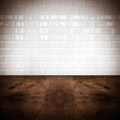 Room perspective,white ceramic tile wall and hard wood ground