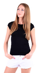 Fototapeta premium Beautiful young girl in shorts and t-shirt isolated on white