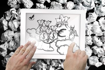 Composite image of hands touching tablet