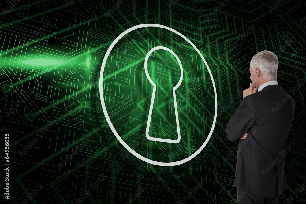 Poster composite image of keyhole and businessman looking