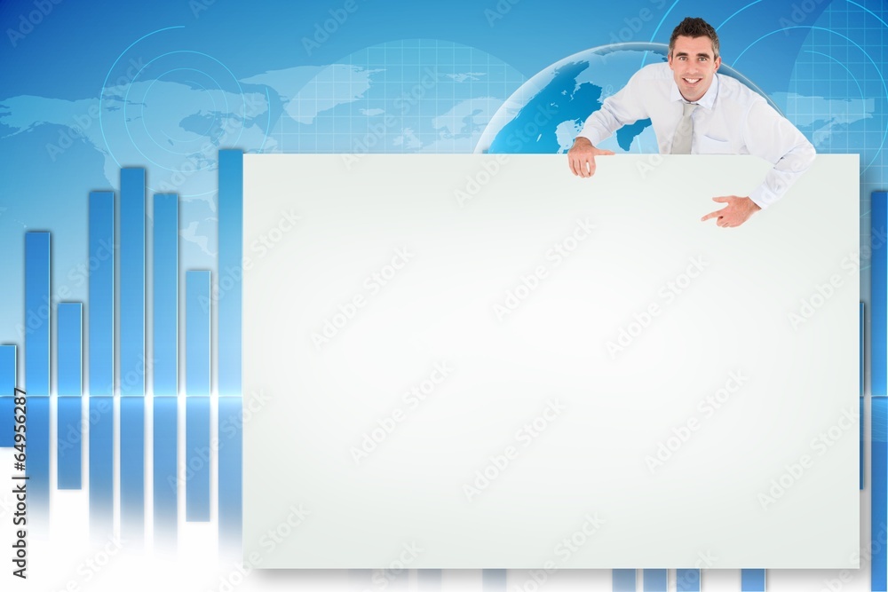 Poster composite image of businessman showing card