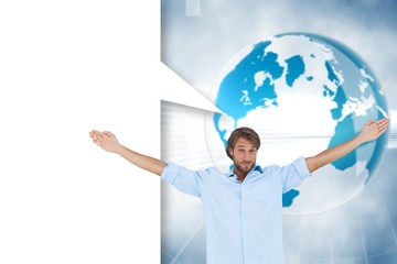 Composite image of handsome man raising hands with speech bubble