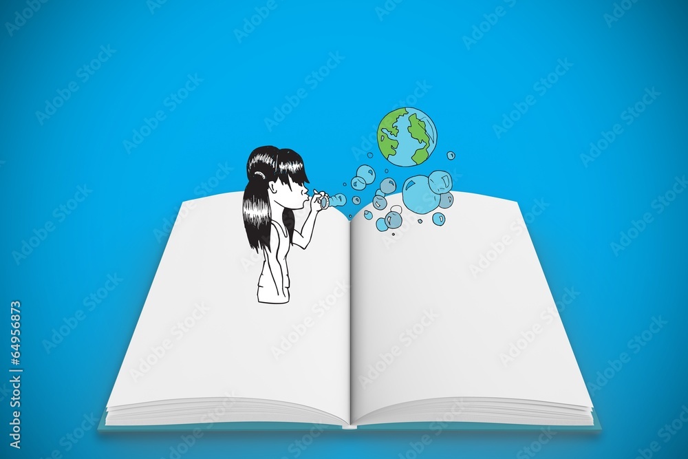 Poster composite image of girl blowing earth bubbles on open book