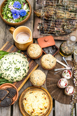 flower salad, cheese, grilled fish, dessert and bread