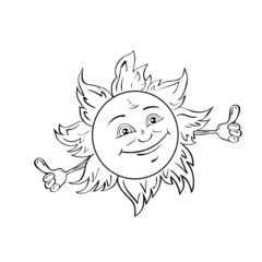 Smiling sun isolated on white.Drawing style black and white.