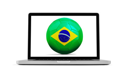 Laptop isolated on white with a ball from Brazil