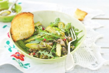 Asparagus , mushroom and ruccola warm salad