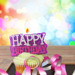 one birthday cupcake with happy birthday candle