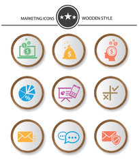 Marketing buttons,Wood style on white background