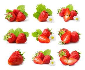 Set of ripe strawberries with leaves and blossom isolated