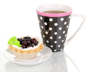 sweet cake with cup of tea isolated on white