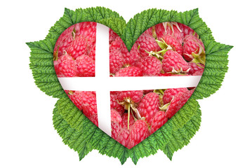 Flag of Denmark in the heart of the berries on the leaves.
