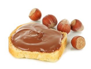 Bread with sweet chocolate hazelnut spread isolated on white