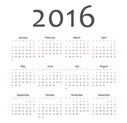 Simple european 2016 year vector calendar