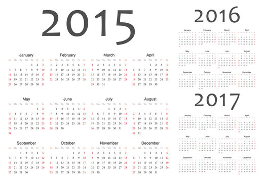Set of european 2015, 2016, 2017 year vector calendars