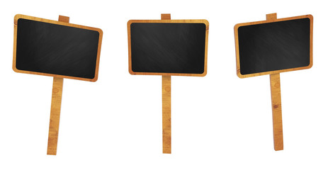 Wooden signboard set with chalkboard on white background