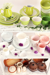 Different tableware on shelf, close up