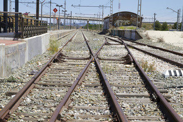 Fototapeta na wymiar perspective train rails, detail of railways in Spain