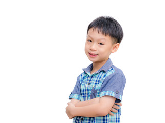 Arms crossed Asian little boy on white background