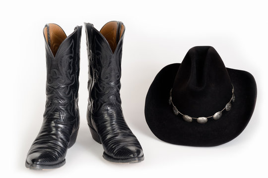 Black Cowboy Boots and Hat with Concho Hatband.