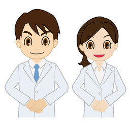 お出迎えする白衣の男女