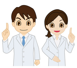 指を立てる白衣の男女