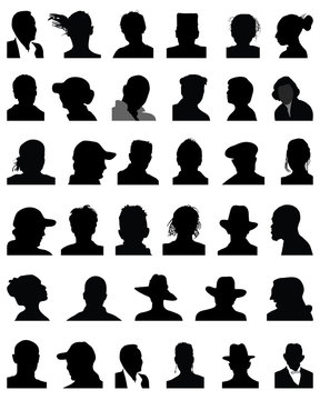 Big set of black silhouettes of heads, vector